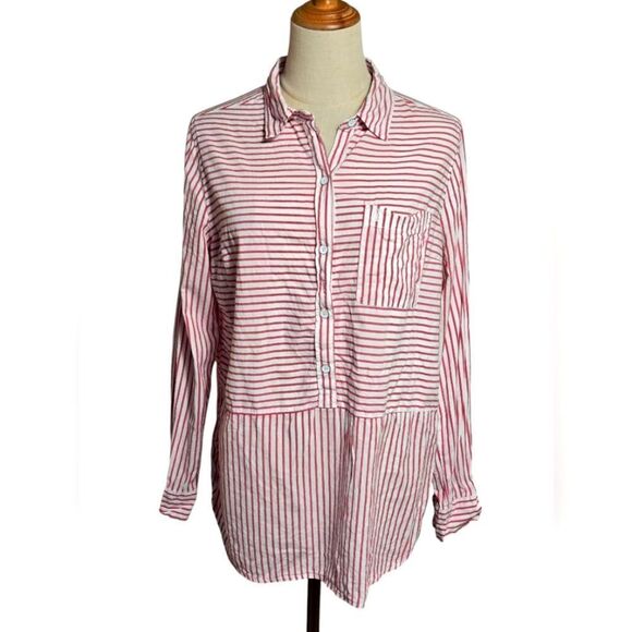 Abercrombie & Fitch Red and White Striped Half Button-Up Shirt - Picture 1 of 6